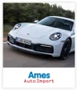 Amega trade logo met rijdende witte Porsche